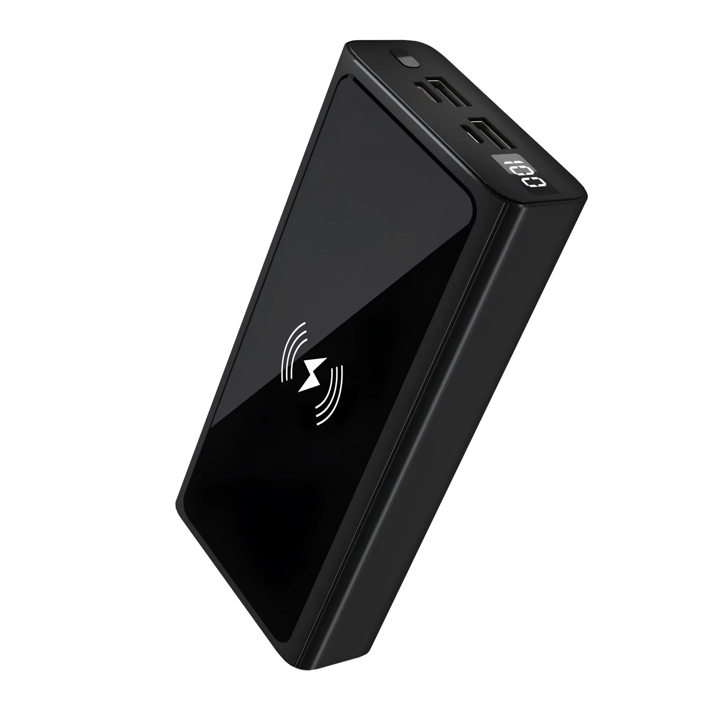 Black and blue alloy 10000mAh power bank with wireless charging surface and integrated plug.