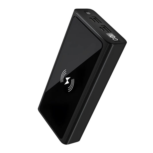 Black and blue alloy 10000mAh power bank with wireless charging surface and integrated plug.