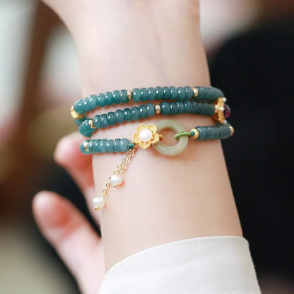 Blue water jade abacus bead bracelet with three rings tourmaline and freshwater pearls