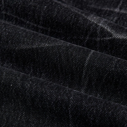 Men's black straight-leg jeans featuring a distinctive lightning crack washed pattern on the denim.