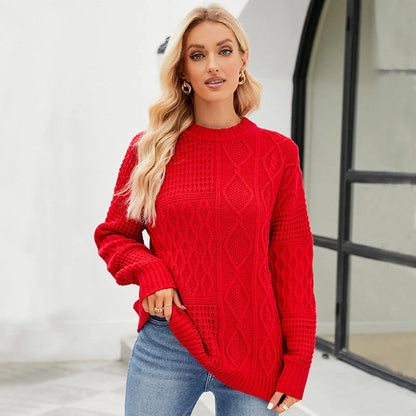 Women's casual round-neck pullover sweater with cable-knot pattern in various colours