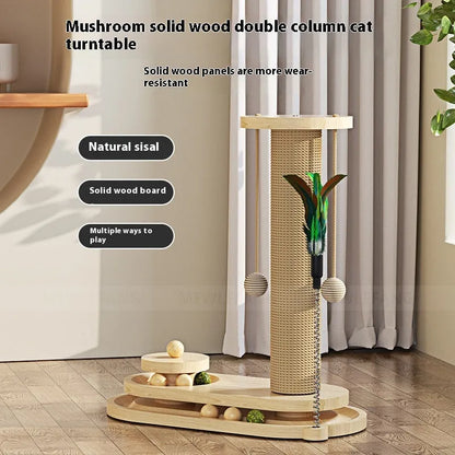 Solid wood cat scratching post with sisal rope and a brown oval turntable on a thick wooden base.