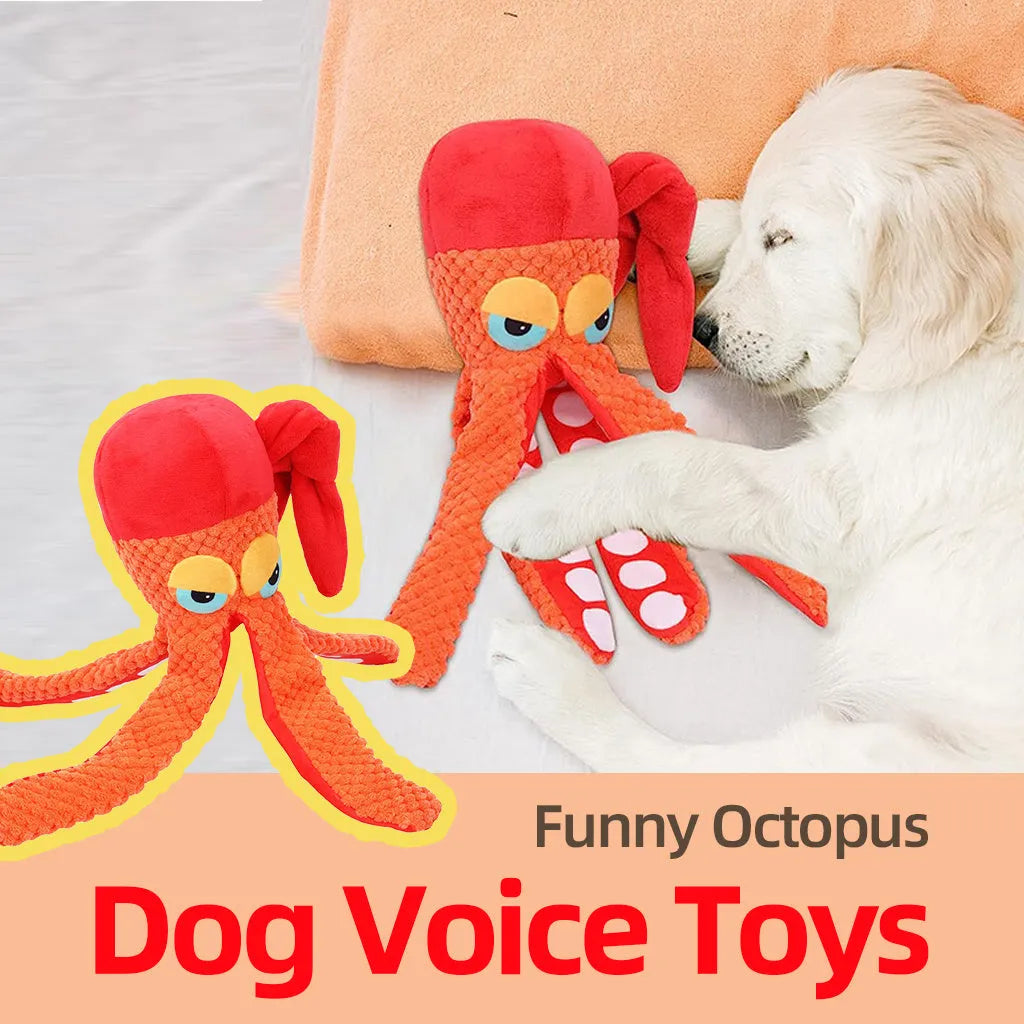 Orange plush octopus dog toy with textured tentacles for dental cleaning and squeaker inside