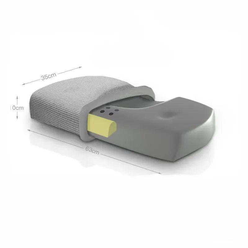 Grey memory foam neck support pillow with knitted cotton cover and adjustable inserts