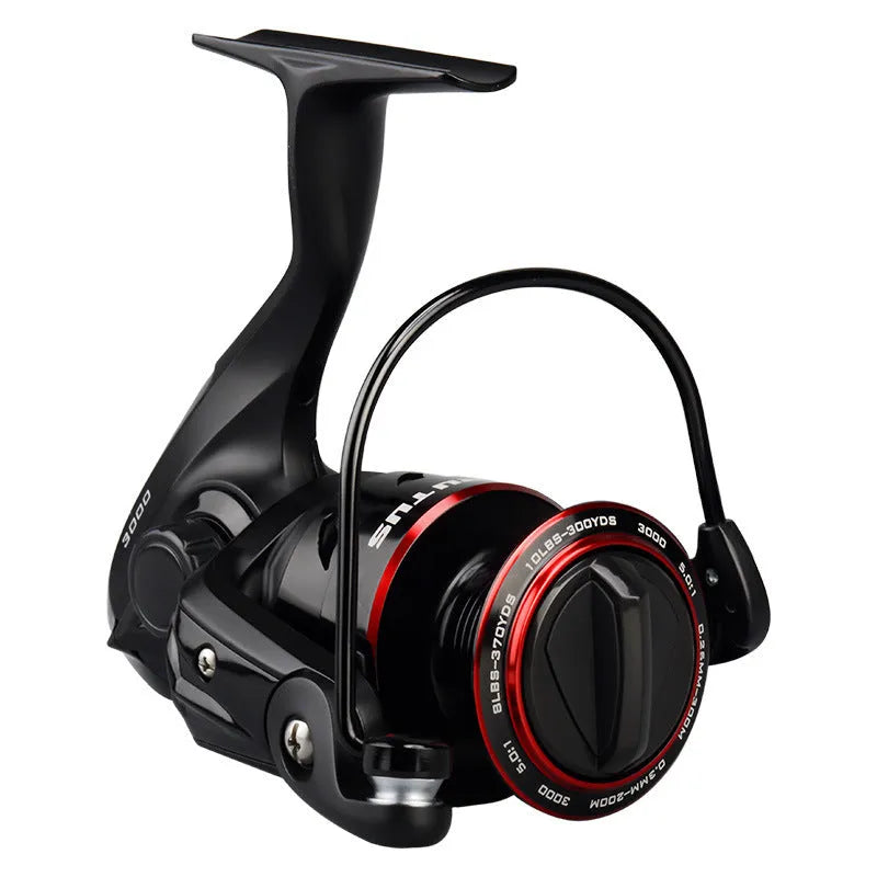 All-metal spinning fishing reel shown with series size options 2000, 3000, 4000, 5000.