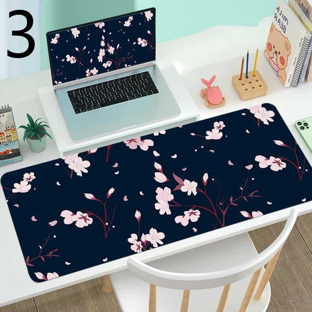 Large gaming mouse desk mat with printed design, multiple size options from 300x600mm to 400x900mm