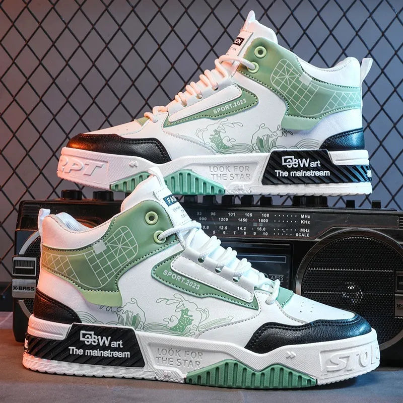 Men's beige, white, and blue high-top board shoes with lace-up front and rubber sole.