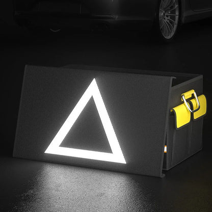 Black and yellow foldable car trunk storage bag with carrying handle in three size options.