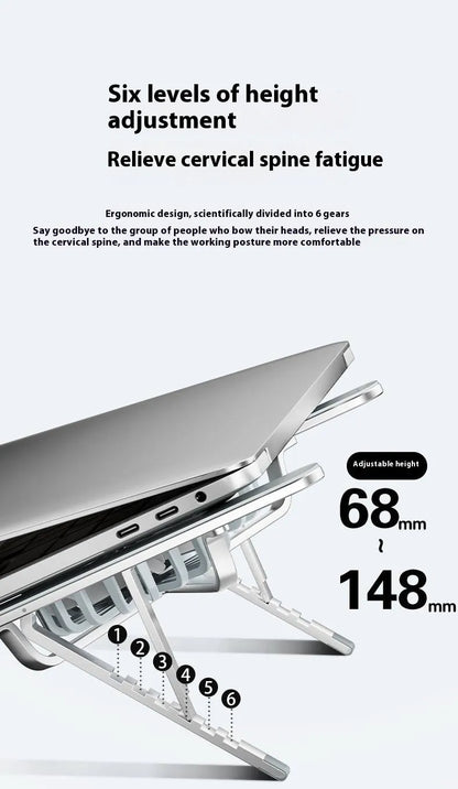 Aluminium alloy portable laptop cooling stand with twin fans and adjustable height mechanism in silver finish