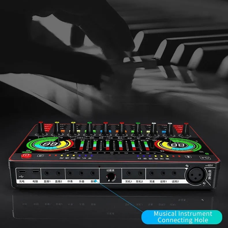 G4 professional USB sound card mixer with LCD screen, multiple knobs, and included microphone and cables