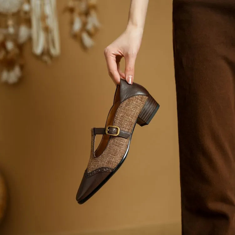 Women's low-cut Mary Jane pumps with chunky 1-3cm heel, T-strap, round toe, cowhide upper, in Black or Tea Brown