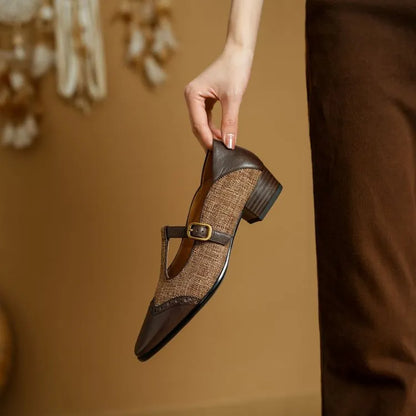 Women's low-cut Mary Jane pumps with chunky 1-3cm heel, T-strap, round toe, cowhide upper, in Black or Tea Brown