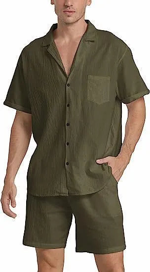 Men's flax summer sports short-sleeved top and shorts suit in army green colour