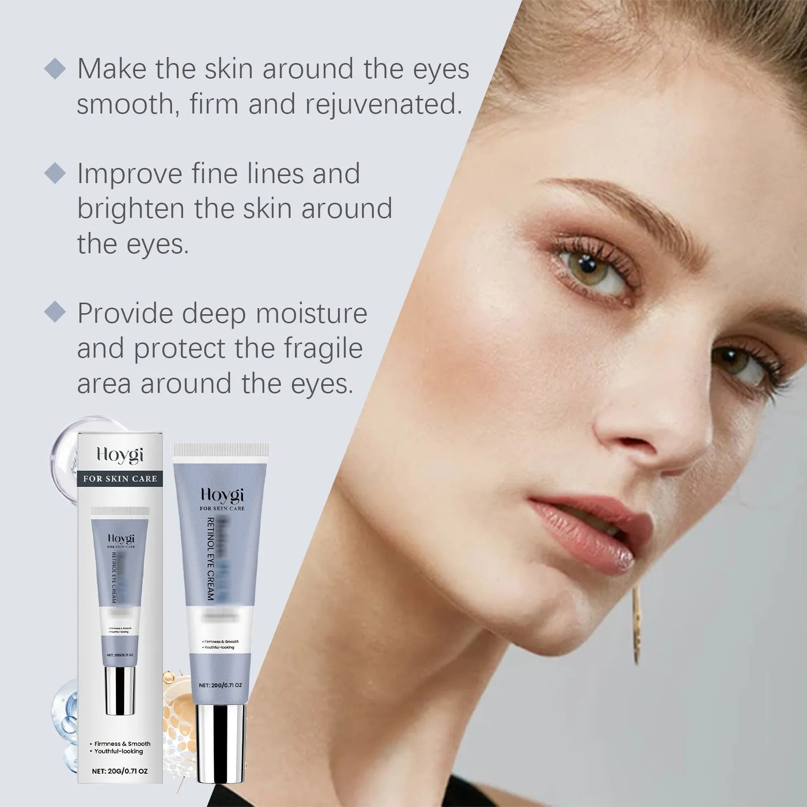 20g retinol eye cream tube measuring 3 x 12.1cm with soft texture formulation