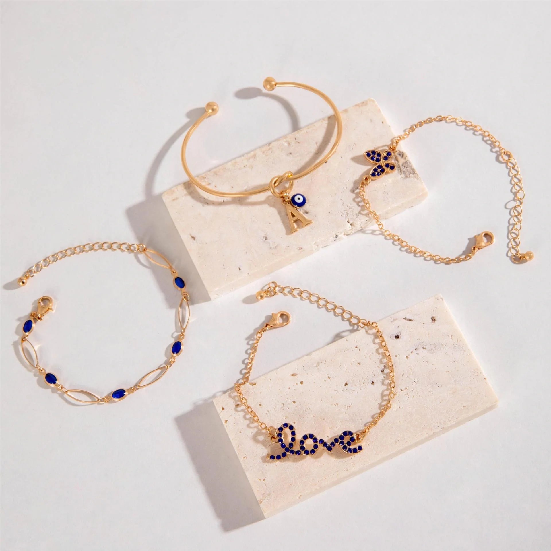 4-piece Blue Flower Love Butterfly Bracelet Set with sparkling rhinestones
