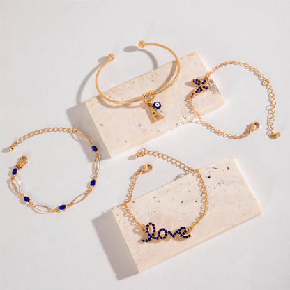 4-piece Blue Flower Love Butterfly Bracelet Set with sparkling rhinestones