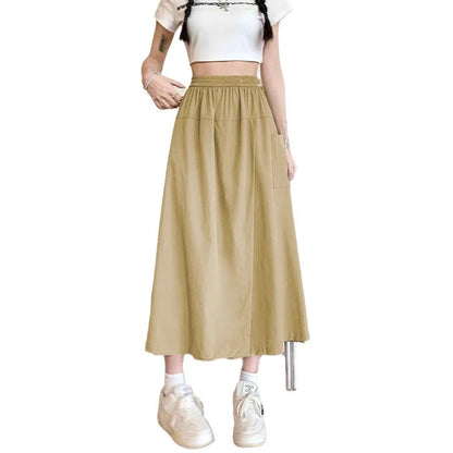 Women's camel coloured wide leg cropped skirt with elastic waistband and drape detailing