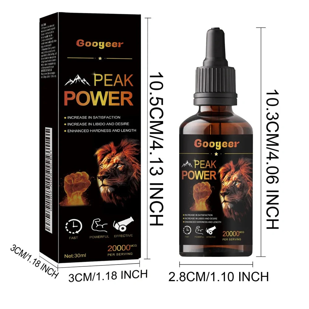 Googeer Peak Power 30ml liquid energy supplement bottle with dropper containing 200mg caffeine per serving