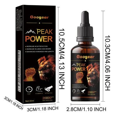 Googeer Peak Power 30ml liquid energy supplement bottle with dropper containing 200mg caffeine per serving