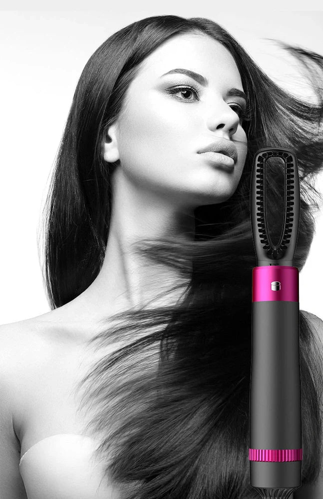 Gray 5-in-1 hot air comb curler hair dryer with styling comb and temperature adjustment buttons