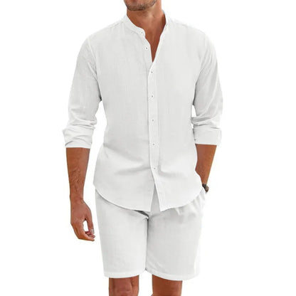 Man wearing a light blue short sleeve lapel shirt and matching drawstring shorts from a summer shirt suit.