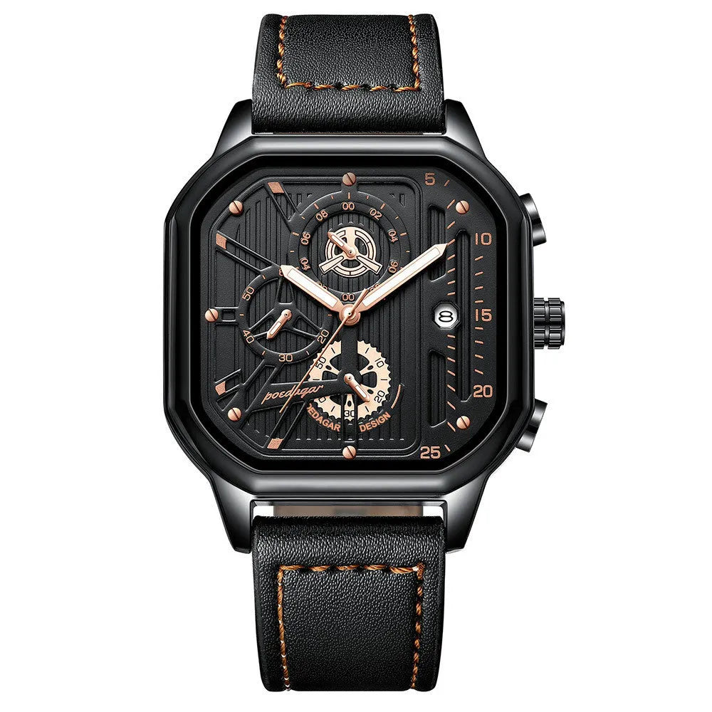 Men's black and gold belt-style quartz sports watch on wrist, 8mm thick case.
