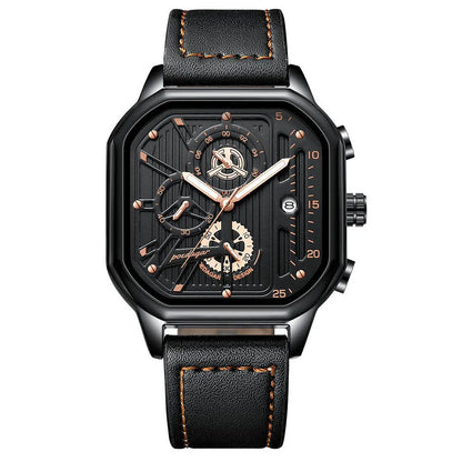 Men's black and gold belt-style quartz sports watch on wrist, 8mm thick case.
