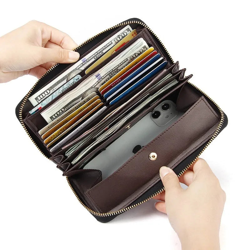 Long genuine leather women's wallet in black with anti-theft card protection and large storage capacity