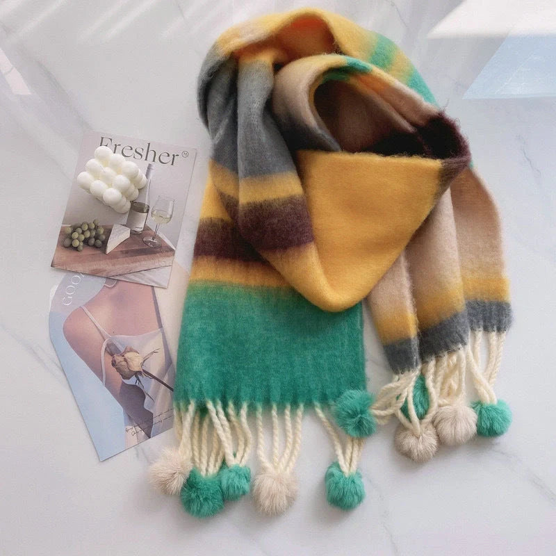 Vibrant Rainbow Mohair Tassel Scarf in various colors, perfect for winter fashion