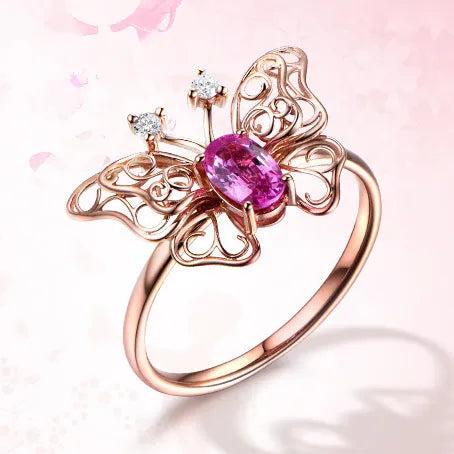 Rose gold electroplated copper adjustable open ring with hollow butterfly and bow design for women