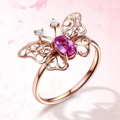 Rose gold electroplated copper adjustable open ring with hollow butterfly and bow design for women