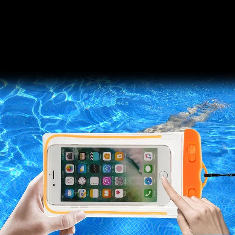 Universal waterproof touch screen mobile phone case luminous transparent PVC material with IP68 protection for sports outdoor activities like rafting and tourism available in eight colours including white yellow purple green blue black pink orange