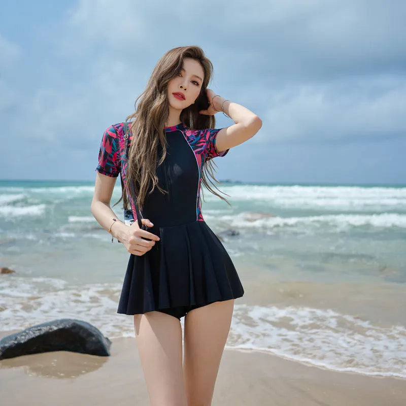 Women's floral pattern one-piece swimsuit with sleeve options in nylon fabric for swimming