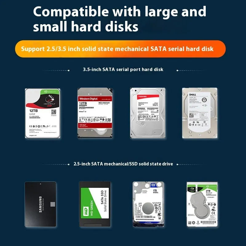 Sabrent black and silver 3.5-inch SATA hard drive enclosure with slide-open cover and USB cable.