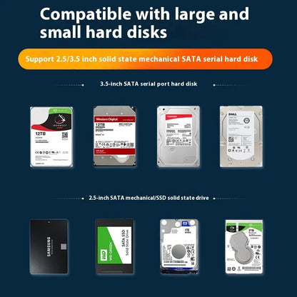 Sabrent black and silver 3.5-inch SATA hard drive enclosure with slide-open cover and USB cable.