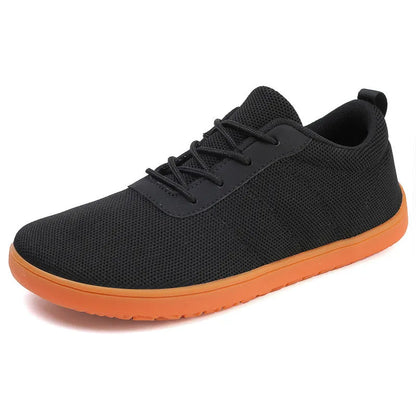 Men's black Flyknit walking shoes with round toe and rubber sole on a white background.