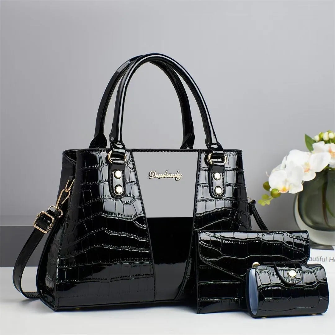 Women's three-piece crocodile stitch shoulder bag set in PU leather, showing main bag, small bag, and card holder.