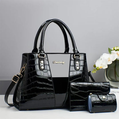 Women's three-piece crocodile stitch shoulder bag set in PU leather, showing main bag, small bag, and card holder.