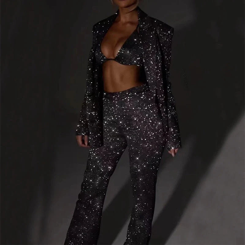 3-piece shiny polyester suit set with bra lapel blazer and straight-leg trousers for women