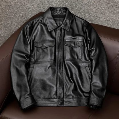 Retro Kaji style black PU leather jacket with lapel, loose fit, on a middle-aged male model.