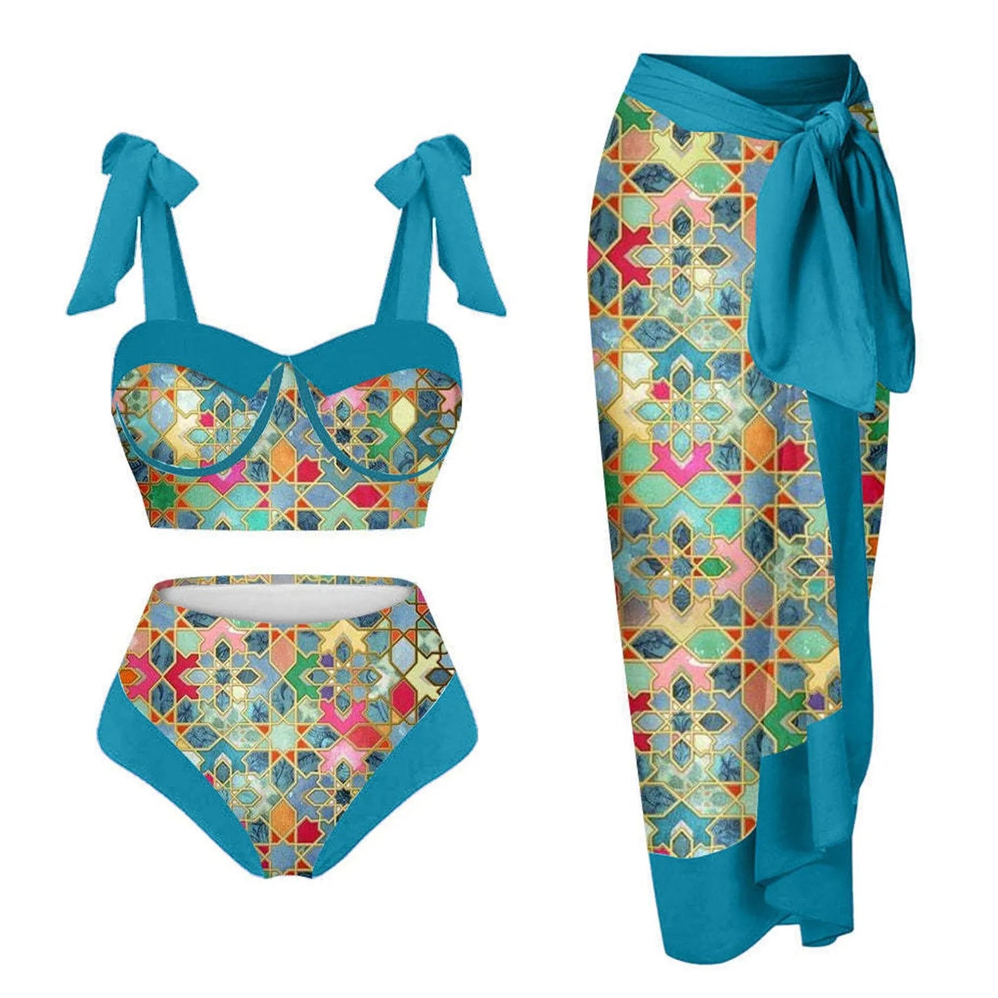 Women's pink and floral print split swimsuit three-piece set with skirt, bra, and panties.
