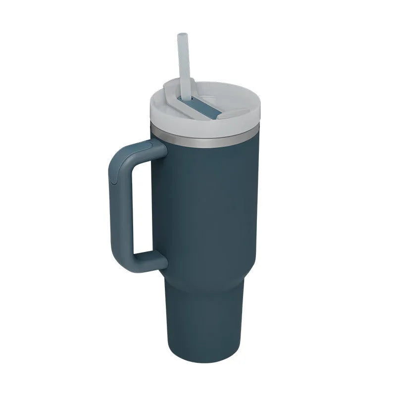 40oz stainless steel tumbler with handle and straw in various colour options showing tapered shape and spill-proof lid