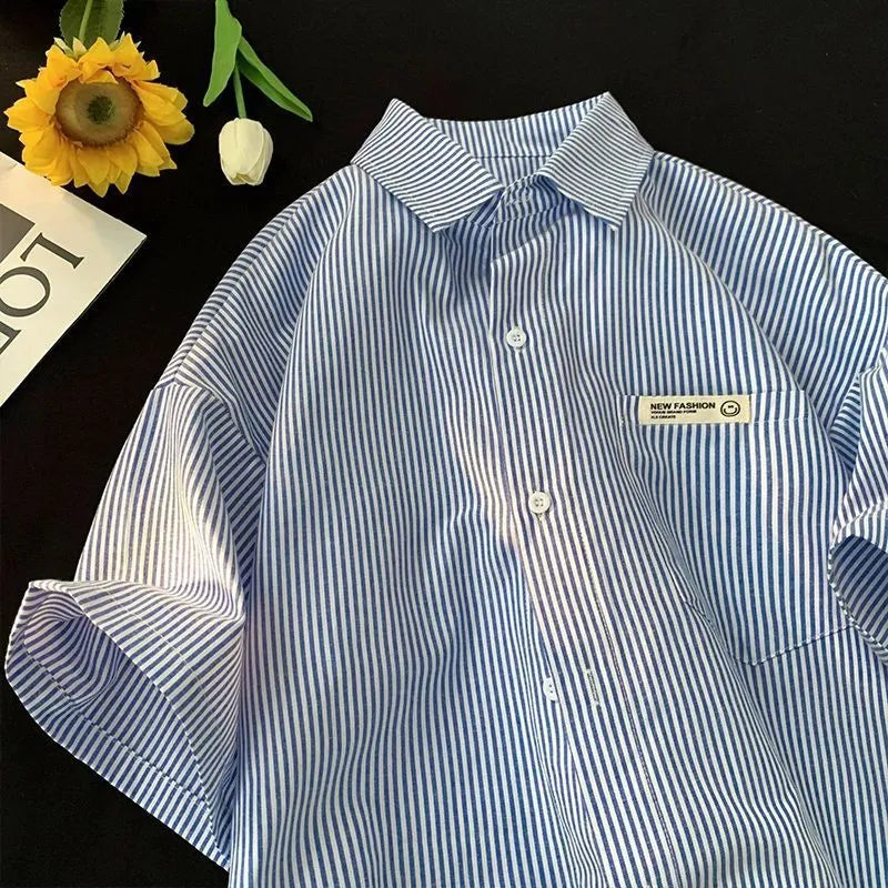 Loose plus size striped half sleeve shirt in blue or green colour