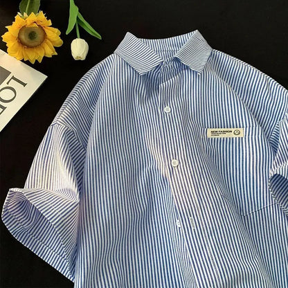 Loose plus size striped half sleeve shirt in blue or green colour
