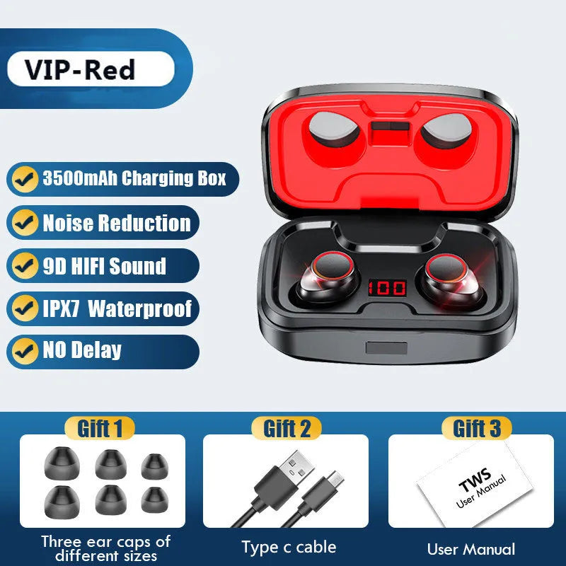 Bluetooth gaming headset with charging case in black, red, or blue colours