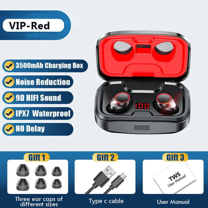 Bluetooth gaming headset with charging case in black, red, or blue colours
