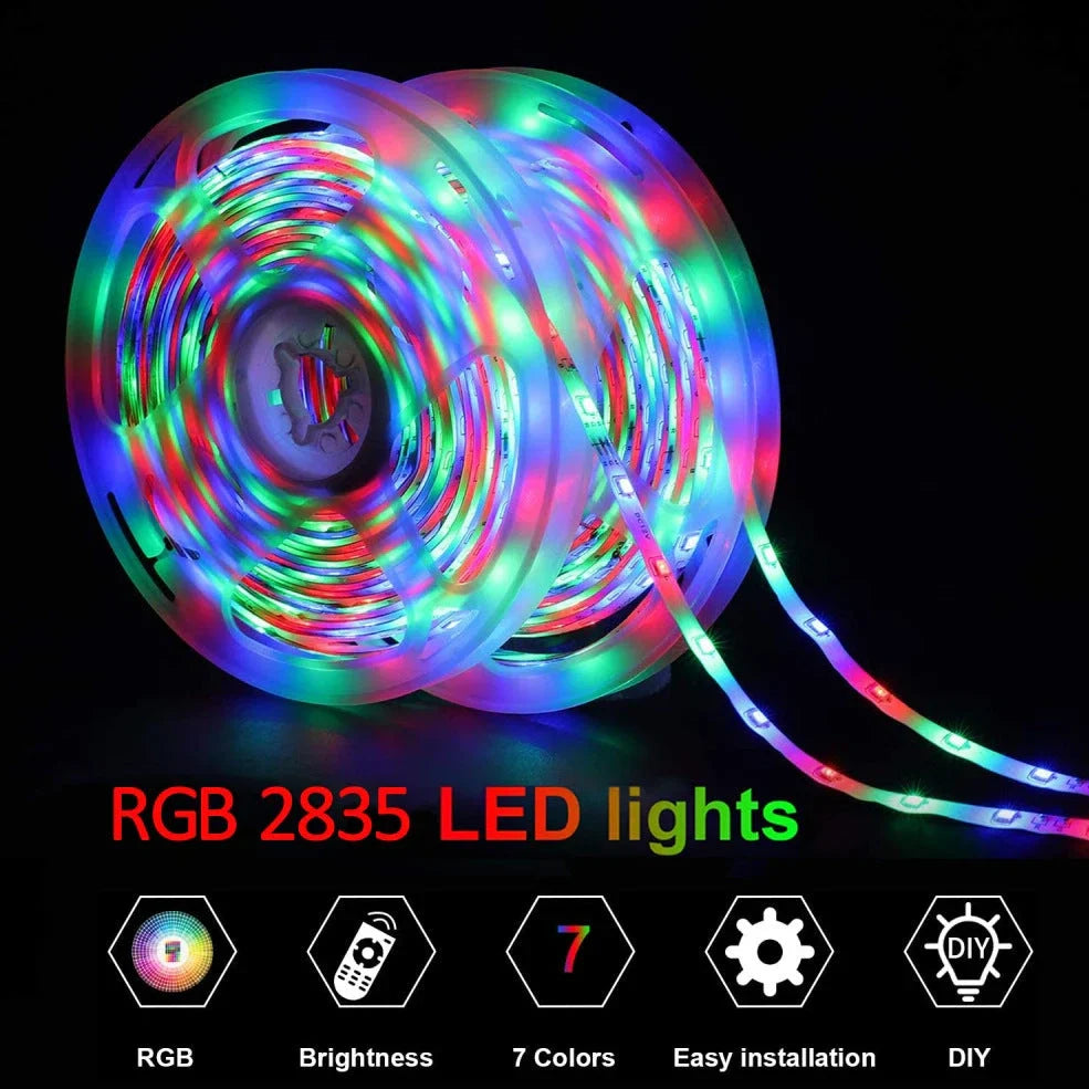 RGB LED strip lights with Bluetooth controller showing colour changing capability and flexible installation