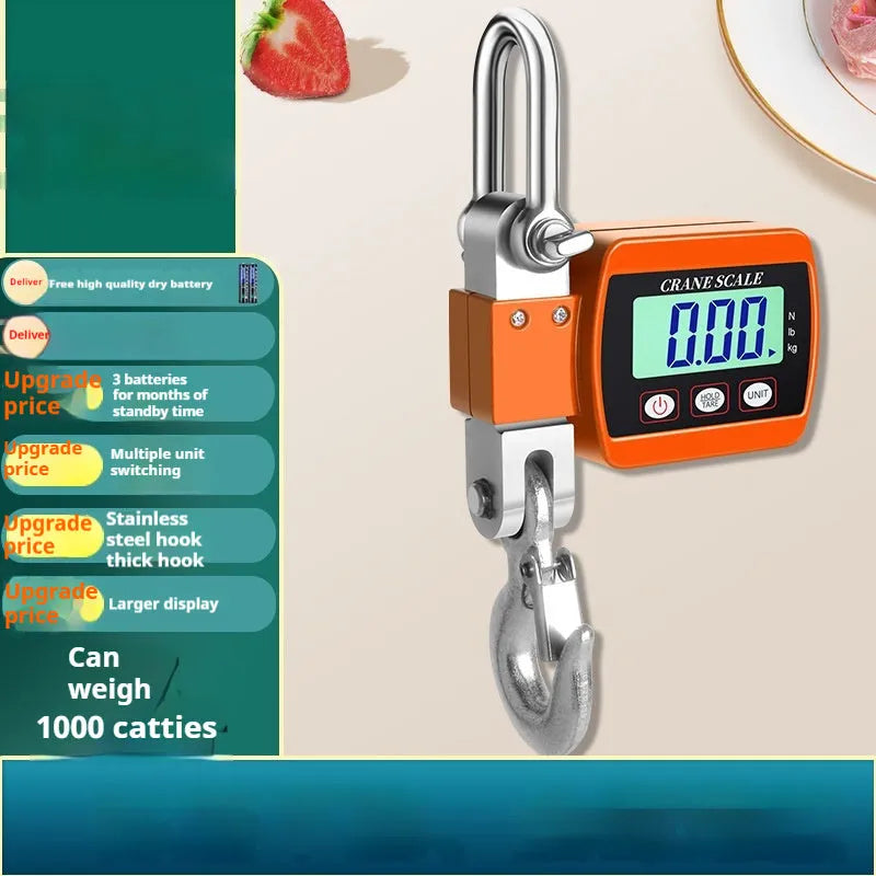 Electronic hook scale with digital LCD display showing weight measurement, available in blue, orange, or white colours