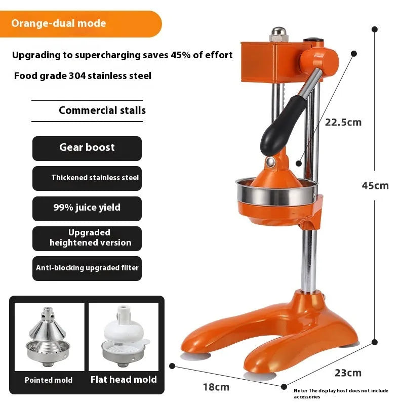 Vertical stainless steel manual juicer with zinc alloy handle in multiple colour and tip style combinations