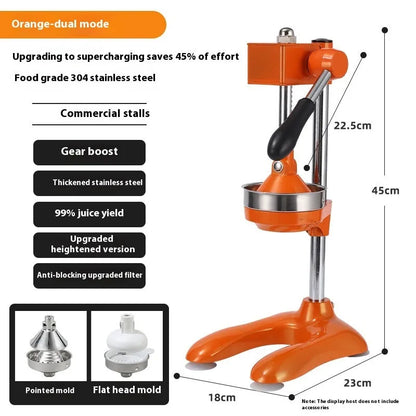 Vertical stainless steel manual juicer with zinc alloy handle in multiple colour and tip style combinations